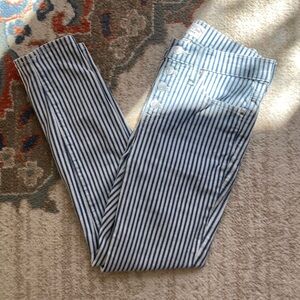 J. Crew Blue and White Striped Button-Front Skinny Jeans